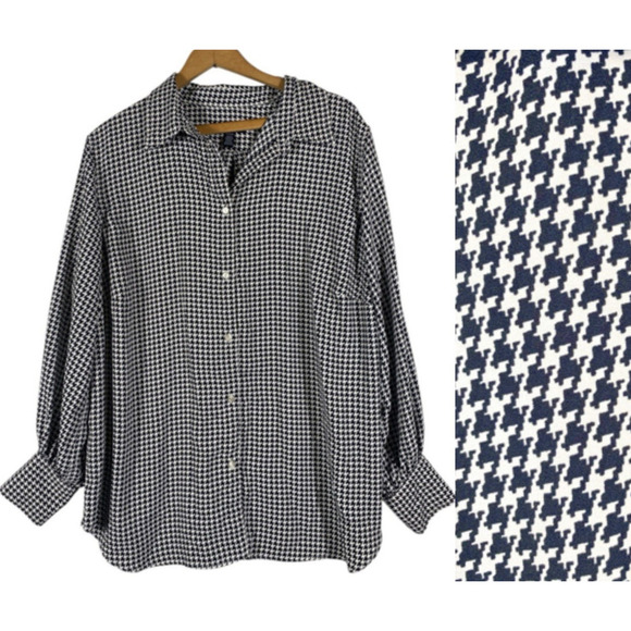 Chaps Ralph Lauren Top Size 1X Houndstooth Blouse Button Up Satin-y Old Money - Picture 1 of 11